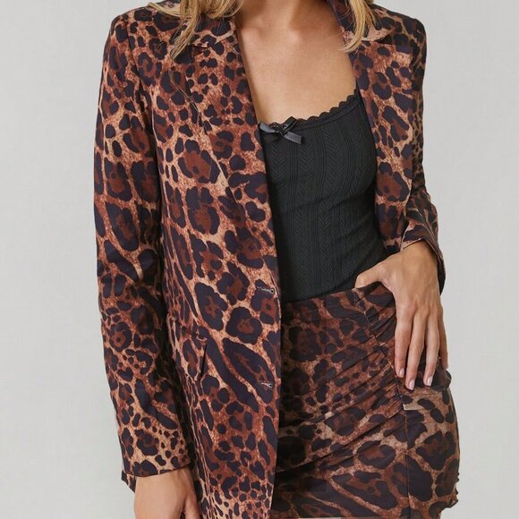 Brown Elegant Women's Leopard Print Blazer With mini Skirt Suit set - Picture 6 of 6